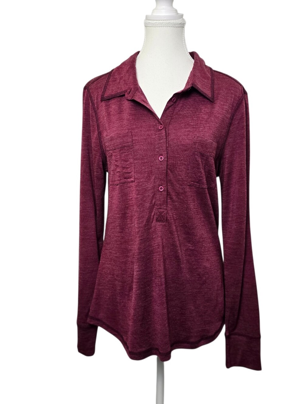 prAna Women's Maroon Long Sleeve Half Button-Up Shirt 2 Chest Pockets Size XL
